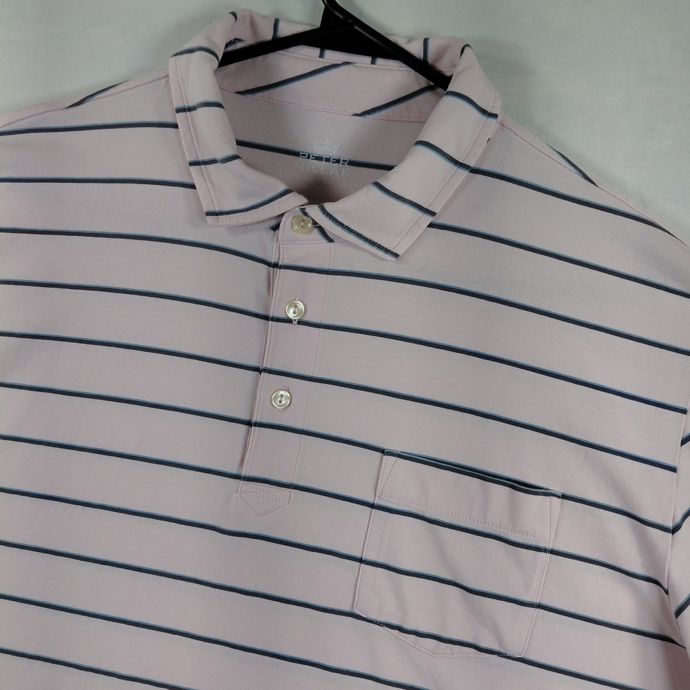 Peter Millar Seaside Wash Polo Shirt Mens Large Pink Striped Cotton Blend Pocket